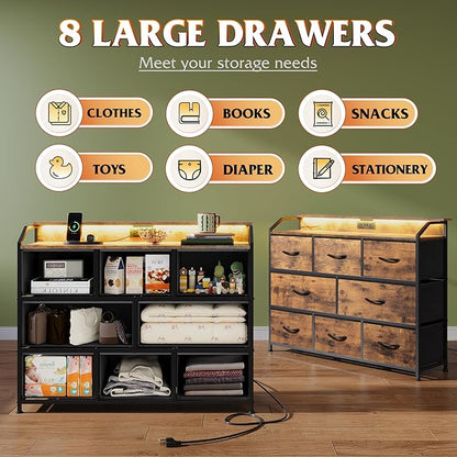 WLIVE Led Dresser for Bedroom, TV Stand for Bedroom with LED Lights and Power Outlet, Wide Chest of Drawers for Hallway, 8 Fabric Drawers for Living Room and Entryway, Rustic Brown
