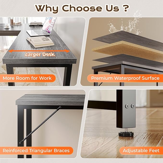 Huuger 63 Inch L Shaped Desk with Power Outlets and USB-C Port, Reversible Computer Desk, Larger Office Corner Gaming Desk, 0.95 Inch Thicker Desktop, Metal Frame, for Home Office, Study, Grey