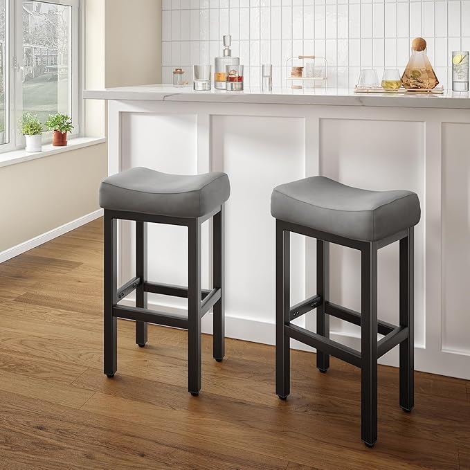 29 Inch Bar Height Bar Stools Set of 2, 29" Barstools for Kitchen Island Counter, Backless Bonded Leather Bar Height Stools with Thick Saddle Seats & Heavy Duty Metal Base, Easy Assembly, Gray/Black