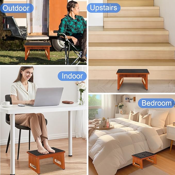 One Step Stool for Adults Seniors with Non-Slip Rubber Stepping Feet, Heavy Duty Wooden Step Stool, 8.7 in Portable Bed Steps for High Beds for Bathroom, Bedroom, Kitchen & Bedside Kids Support