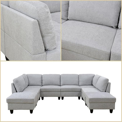U Shaped Sectional Couch, Convertible Modular Sectional Sofa with Ottomans, 8 Seat Comfy Corner U Shaped Couch Lounge Modern Modular Couches for Living Room Apartment, Grey