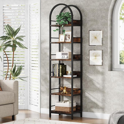 Tribesigns 6-Tier Open Bookshelf, 78.7" Tall Arched Bookcase Narrow Bookshelf with Metal Frame, Freestanding Corner Bookcase Display Shelves for Living Room, Home Office, Rustic Brown