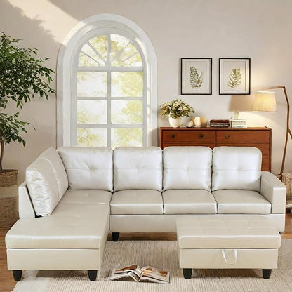 L Shaped Sectional Couch with Otttoman, 97" Leather Sectional Sofa for Living Room Modular Couches with Cup Holders for Bedroom, Apartments, Light Grey