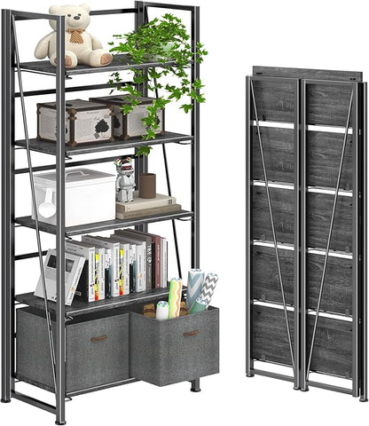 4NM No Assembly Folding Bookshelf, 5-Shelf 62.2" H Collapsible Foldable Bookcase Storage for Small Spaces, Gray and Black
