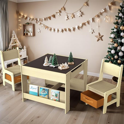 Joyooss Kids Table and Chair Set,4 in 1 Wooden Activity Toddler Table and Chairs Ages 3-7,2 in 1 Tabletop Drawing Reading Crafts Toddler Desk for Playroom,Kid Art Desk for Nursery Storage