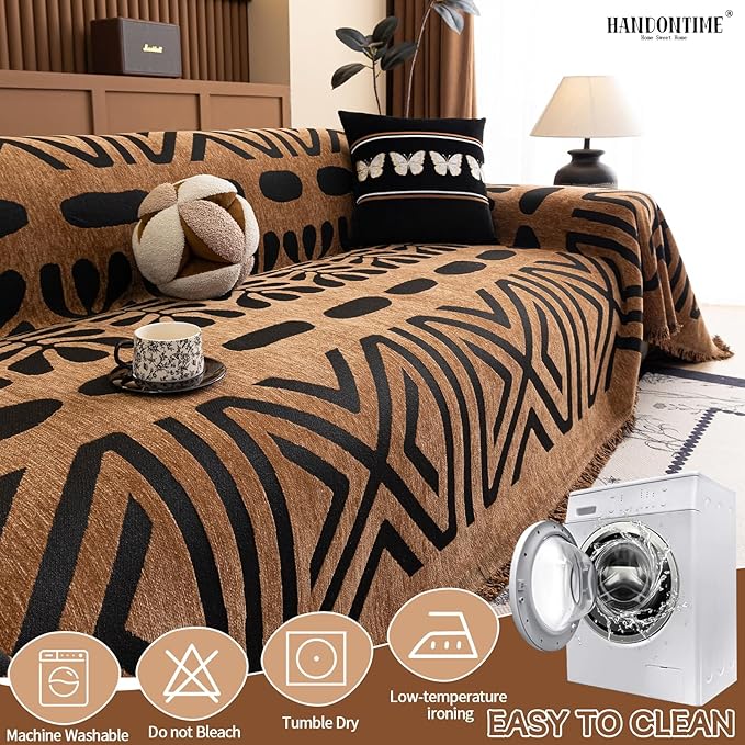 HANDONTIME Boho Couch Cover Geometric Striped Pet Covers for Couches and Sofas Copper Brown and Black Dog Cover for Couch Pet Friendly Chenille Sectional Sofa Covers for Pets Washable, 71" X 150"