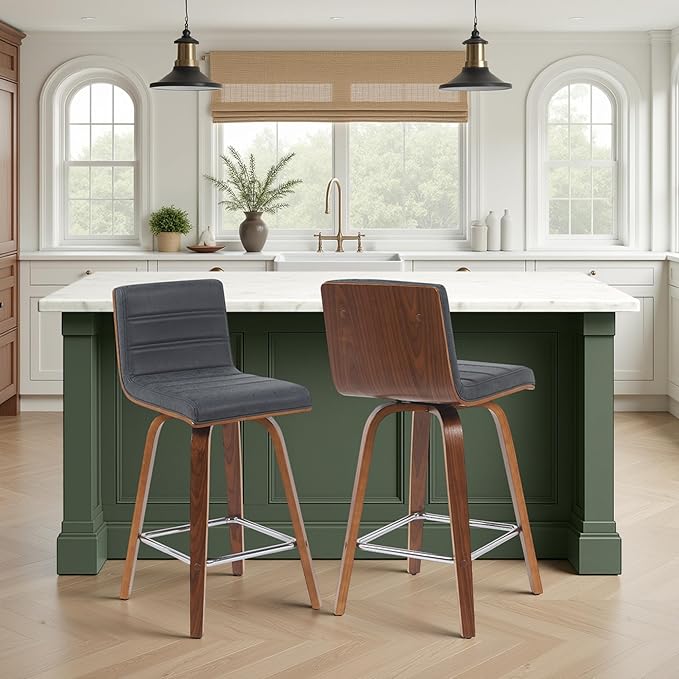 Armen Living Vienna Modern Swivel 26" Counter Height Barstool with Vintage Black Faux Leather and Walnut Wood Finish
