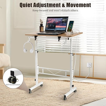 SIDUCAL Standing Desk Height Adjustable with Tiltable Tabletop, Rolling Laptop Desk with Charging Station, Sit Stand Portable Stand Up Desk with Wheels, Vintage Oak