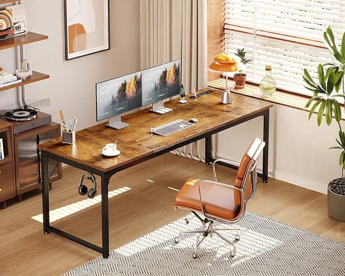 Coleshome 71 Inch Computer Desk with USB Ports, Large Office Desk, Long Study Student Writing Desk, Rustic Brown