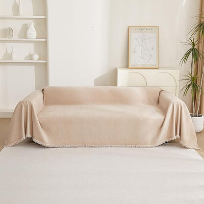 MYSKY HOME Khaki Sectional Sofa Covers Chenille Couch Cover for Dogs Solid Sofa Cover for 3 Cushion Couch Washable Couch Covers with Tassel Edge L Shape Sofa Throw Large Sofa Slipcover, 91" X134"