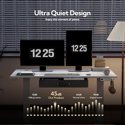 Seang Standing Desk with Drawer, 55" x 24" Height Adjustable Stand Up Desk, 3 Memory Height Settings with Cable Grommets & Storage Hooks, Ideal for Home & Office, White