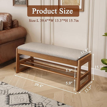 Shoe Rack Bench with Cotton-Linen Cushion 2-Tier Wooden Storage Bench 550lbs Compact Simple & Modern Design for Entryway, Hallway, Bedroom, Living Room, Closet, Front Door Entrance, Foyer