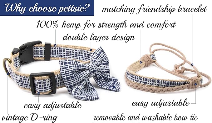Pettsie Dog Bow Tie Collar with Matching Friendship Bracelet – Adjustable, Durable Hemp & Soft Cotton, Stylish & Comfortable for Sensitive Skin, Elegant Gift Box, Medium, Dark Blue