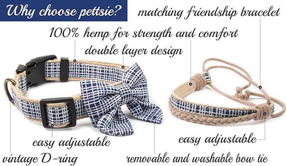 Pettsie Dog Bow Tie Collar with Matching Friendship Bracelet – Adjustable, Durable Hemp & Soft Cotton, Stylish & Comfortable for Sensitive Skin, Elegant Gift Box, Medium, Dark Blue