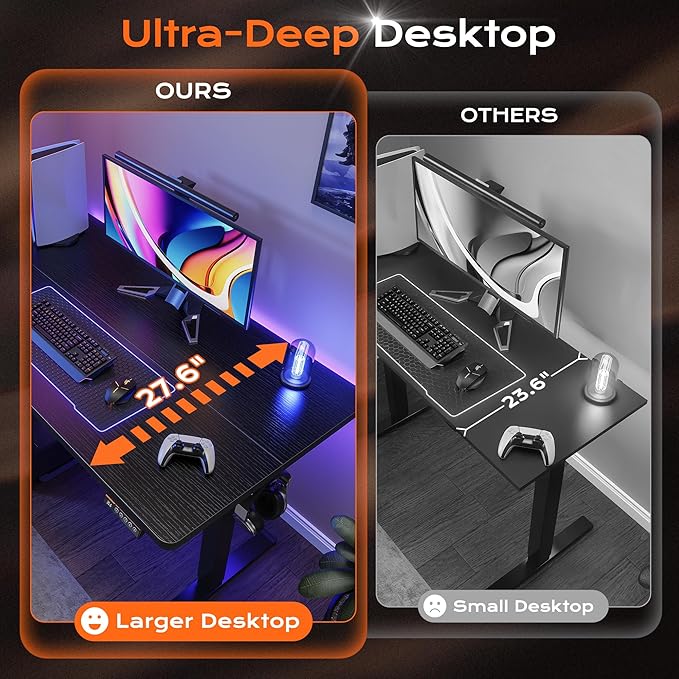 Huuger 48 x 28 Large Electric Standing Desk, Height Adjustable Desk, 27.6" Deep Desktop, Stand up Gaming, 2 Hooks, 3 Preset Heights, for Home Office, Black