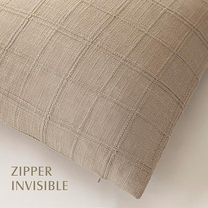 Foindtower Set of 2 Decorative Linen Check Throw Pillow Covers Neutral Farmhouse Lumbar Cushion Covers Modern Coastal Boho Home Decor for Sofa Chair Couch Bedroom Living Room Outdoor,12×20 Inch,Camel