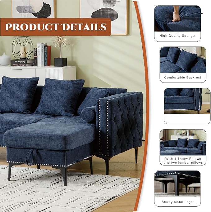 Ball & Cast 85" L Shaped Sectional Sofa with Storage Ottoman, Morden 3 Seater Tufted Couch with Nailhead Trim and Metal Legs for Living Room, Apartment, Office, Blue