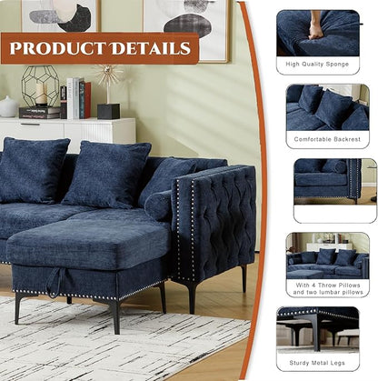 Ball & Cast 85" L Shaped Sectional Sofa with Storage Ottoman, Morden 3 Seater Tufted Couch with Nailhead Trim and Metal Legs for Living Room, Apartment, Office, Blue