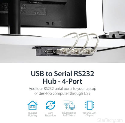StarTech 4 Port USB to Serial RS232 Adapter - Wall Mount - Din Rail - COM Port Retention - FTDI USB to DB9 RS232 Hub, TAA (ICUSB2324I)