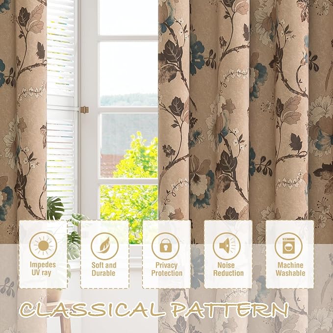 H.VERSAILTEX Blackout Curtains for Bedroom/Living Room Thermal Insulated Printed Curtain Drapes 96 Inches Long Energy Efficient Room Darkening Curtains Pair (2 Panels), Vintage Floral Brown & Blue