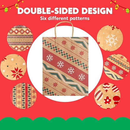 JOYIN 24 PCS Christmas Kraft Gift Bags Xmas Holiday Paper Goody Wrap Shopping Bags with Handles for Holiday Presents, Giant Gifts Decorations, Classrooms and Party Favors (10 x 13 x 5)