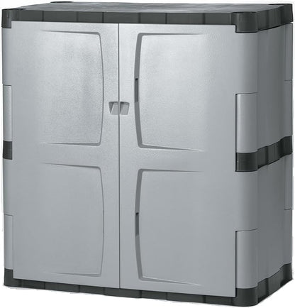 Rubbermaid Freestanding Storage Cabinet with Doors 18"D x 36"W x 37"H Medium Gray/Black Two-Shelf Lockable Cabinet for Indoor/Outdoor/Garage Storage for Garden Tools/Lawn Care Accessories
