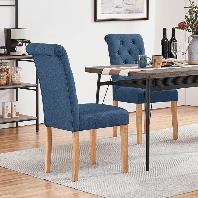 Yaheetech Dining Chairs Set of 2 Fabric Upholstered Dining Room Chairs with Button Tufted High Back and Solid Wood Legs for Kitchen/Living Room/Restaurant, Modern Style, Blue