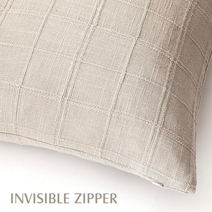 Foindtower Set of 2 Decorative Linen Check Throw Pillow Covers Neutral Farmhouse Vintage Cushion Covers Modern Boho Home Decor For Sofa Chair Couch Bedroom Living Room Outdoor,26×26 Inch,Natural Linen