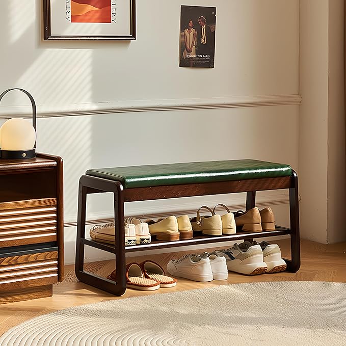 Shoe Bench, Entryway Bench with Leather Cushion, Solid Wood Shoe Rack, Mid Century Modern Bench, Shoe Storage, Shoe Organizer for Entryway (Green, 31.5" W)