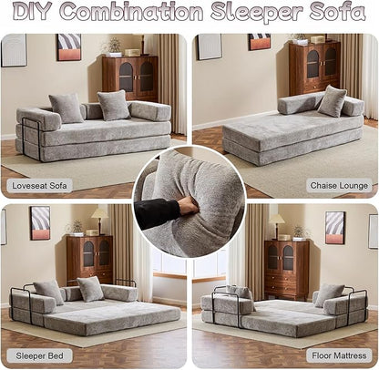 Convertible Sofa Bed, Compression Futon Sofa with Pillows & Armrest, Foldable Mattress Couch with Fixed-Shape Frame, Comfy Couch Lounge Sleeper Bed for Living Room Bedroom, Light Gray