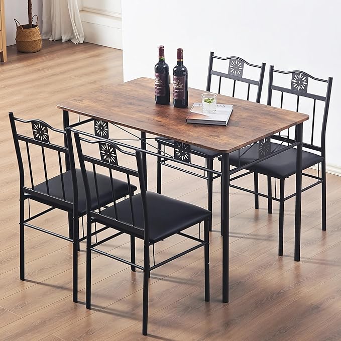 VECELO Kitchen Dining Room Table Sets for 4, 5 Piece Wood Rectangular Breakfast Nook, Dinette with PU Padded Chairs, Brown