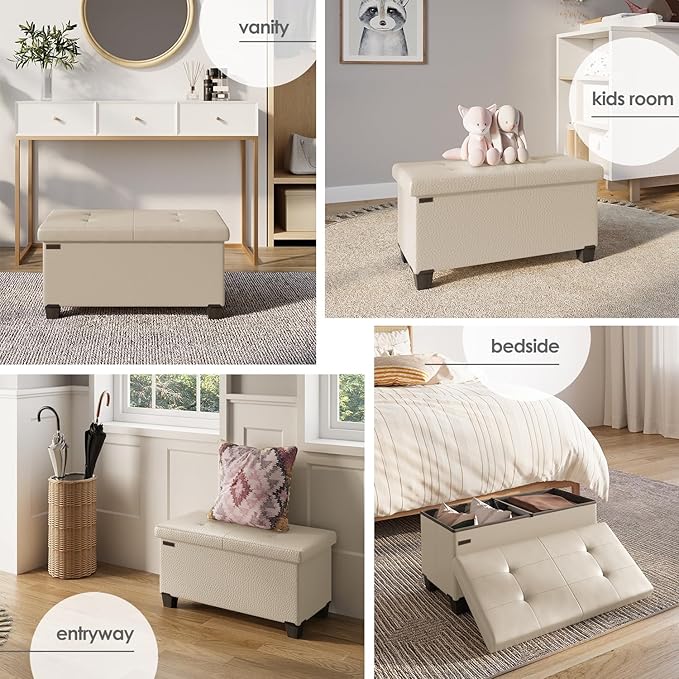 STORAGEBUD Storage Ottoman Bench with Bins, 30-in Storage Bench for Bedroom End of Bed, Folding Foot Rest Ottoman for Living Room Max 660lbs, Faux Leather Ottomans, Beige