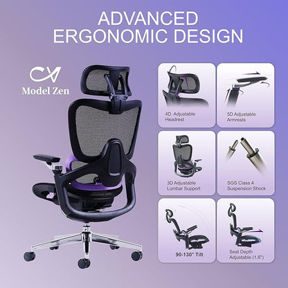 Ergonomic Office Chair, Mesh Home Office Desk Chair with Adjustable Lumbar Support, Big and Tall Gaming Chair with 4D Headrest, 5D Armrest,90-130°Tilt, BIFMA Certified, Model Zen (Purple)