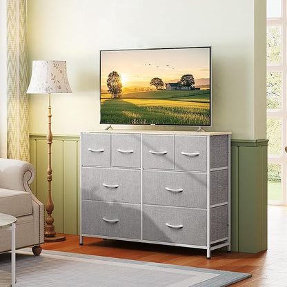 WLIVE 8 Drawer Dresser for Bedroom, Wide Fabric Dresser Storage Organizer, Chest of Drawers with Wood Top, Sturdy Steel Frame, Dressers for Living Room, Closet, Hallway, Light Grey