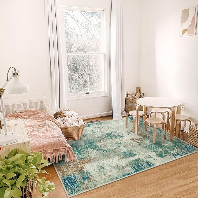 Lahome Modern Abstract Area Rugs 3x5 Washable Rug, Throw Rugs for Bedroom Low Pile Anti Slip, Distressed Accent Carpet for Entryway Kitchen Bathroom Laundry Front Door, Green/Grey