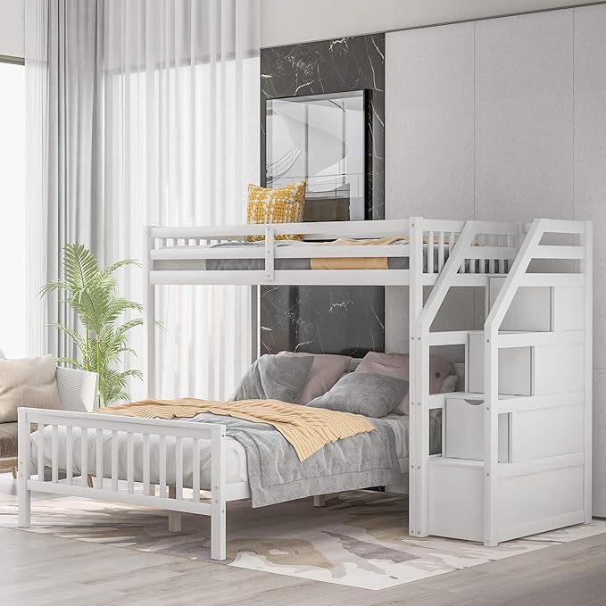 Twin Over Full Wood Loft Bed with Staircase,High Guardrails and Ladder-Handrails,Ladder W/ 3 Storage Grids,Bedroom Furniture for Children,Teens,Adults,White