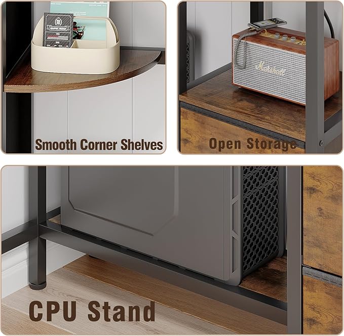 Corner Desk with 6 Fabric Drawers Shelves for Small Space Computer Desk with Power Outlets,Gaming Desk with Printer Monitor Stand Storage for Home Office Workstation Writing Table Brown
