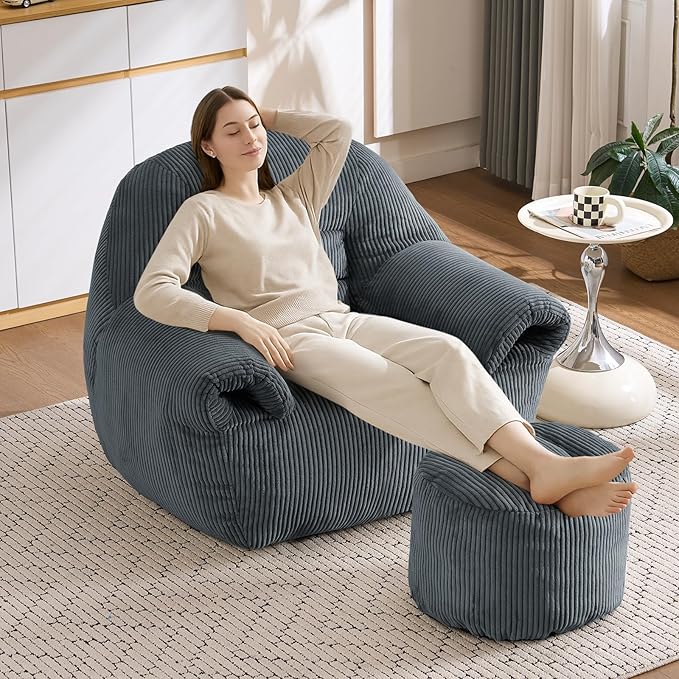 DAICO Bean Bag Chairs for Adults Beanbag Sofa with Ottoman Comfy Accent Chair with Armrests Corduroy Couch with Foam Single Lazy Sofas for Living Room Reading Bedroom Gaming Office Dark Gray
