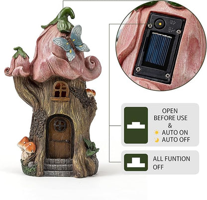 Fairy Garden Accessories Outdoor Statues, Mushroom House Decor,Large Gnome Solar Powered Lights Sculptures,Pink Resin Figurine Butterfly Figurines Lawn Ornaments for Patio Yard Decorations 11Inch