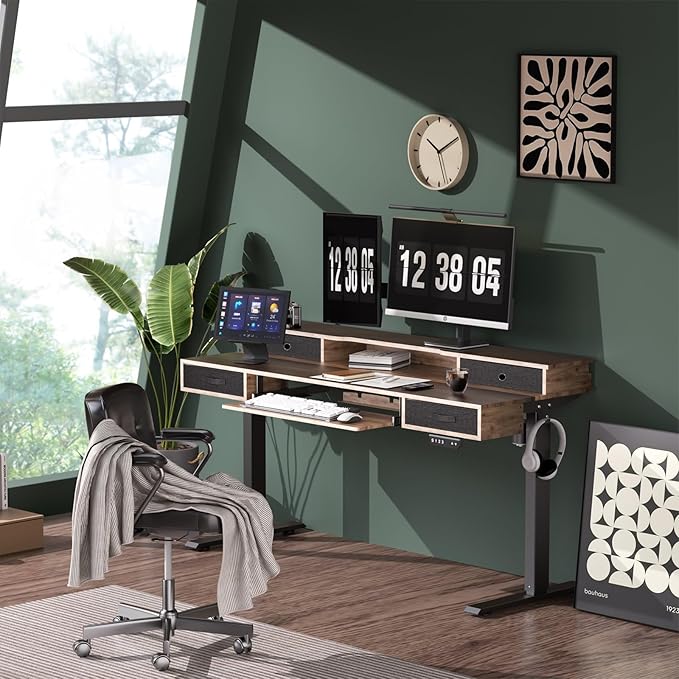 Electric Standing Desk, 55" Standing Desk Adjustable Height, Adjustable Desk with 4 Drawers, Ergonomic Adjustable Sit Stand Desk with Keyboard Tray, Rustic Brown