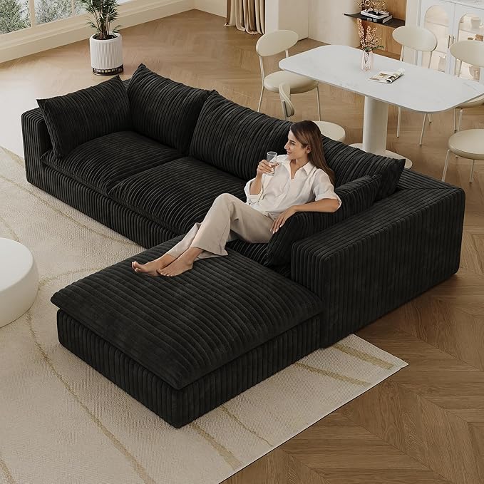 118.2" L Shaped Modular Sectional Cloud Couch with Ottoman, Plush Corduroy Upholstered Compression Sofa, 4-Seat Deep Seat Boneless Sofa Couches with Throw Pillow