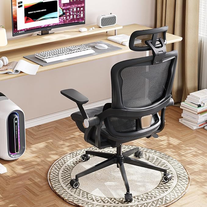 Monhey Office Chair Ergonomic Desk Chair with Lumbar Support&Headrest&Flip-up Arms Height Adjustable Rocking Swivel High Back Computer Chair Warm Taupe Mesh Study Chair (04black)