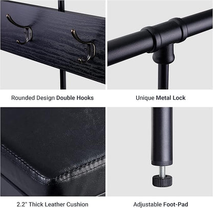 Allewie Coat Rack Shoe Bench, 75" Freestanding Hall Tree, Entryway Bench with Storage Shelves, Upholstered Sponge-Padded Seat, Organized with 5 Hooks, Industrial Furniture, Easy Assembly, Black