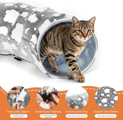 Cat Tunnels for Indoor Cats, 35'' Plush Cat Tunnel Bed with Playful Ball and Circle Cushion, Multifunctional Peekaboo Cat Cave, Interactive Toy Gift for Cats, Kittens, Rabbits, Gray&Cloud
