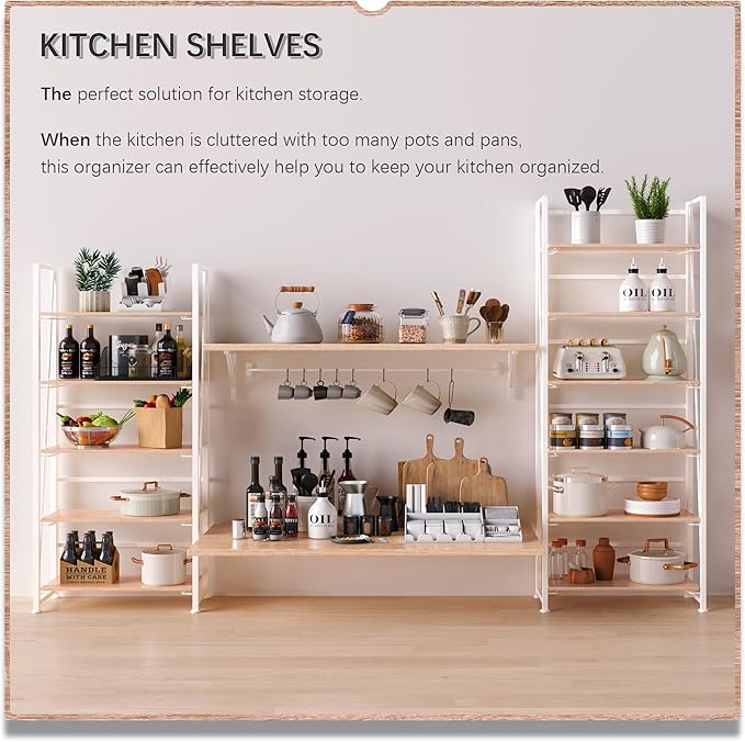 4NM No Assembly Folding Bookshelf, 6-Shelf 74" H Collapsible Foldable Bookcase Storage for Small Spaces, Natural White