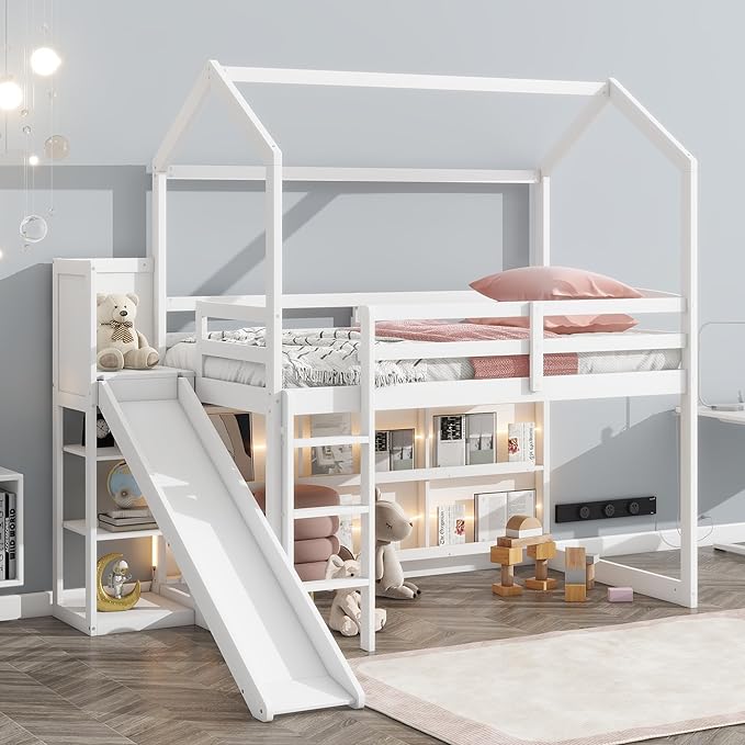 Twin Size House Loft Bed with Slide, Storage Shelves and Light, Wood Kids Bed Frame with Guardrail and Ladder,Climbing Ramp,for Teens Boys Girls Bedroom, White