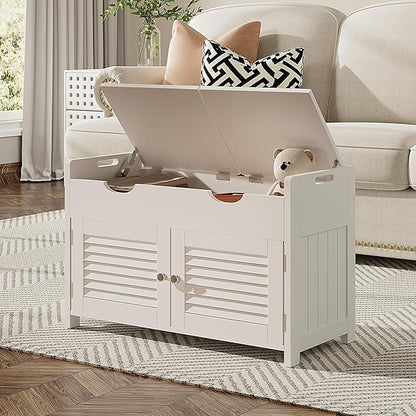 ChooChoo Shoe Storage Bench with Lift Top Storage, Entryway Bench with 2 Cushioned Seats, 3 Compartments, Adjustable Shelf, Shoe Cabinet for Entryway, Bedroom, Living Room, White