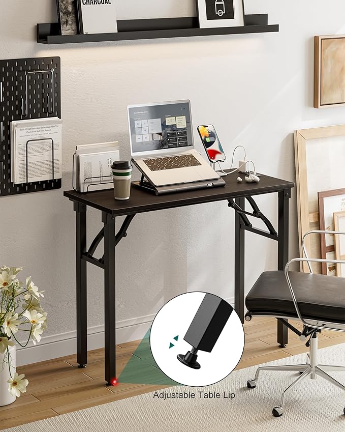 Frylr Small Folding Computer Desk – 35.8 Inch Portable Table for Craft and Study, Lightweight Desk for Small Spaces, Foldable Laptop Table Built-in AC/USB Outlets for Convenience, Charcoal Wenge