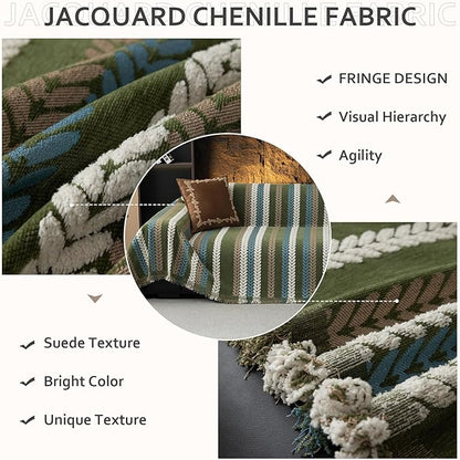 STACYPIK Thick Jacquard Green Couch Cover, Washable Sofa Cover for 3 Cushion Couch, Washable Chenille Couch Cover Blanket, Multi-use Sofa Protector Slipcover, Furniture Protector Pet-Friendly-71X134IN