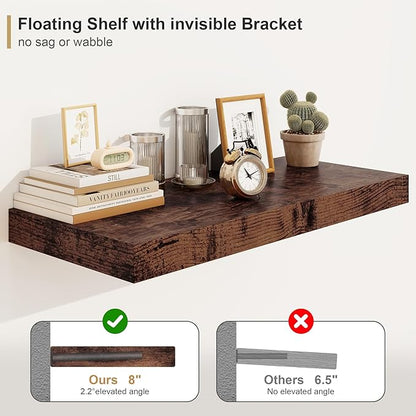 12" Deep Rustic Brown Floating Shelves,Over Toilet Long Wall Mounted Modern Farmhouse 36 inches,Wall Shelves with Invisible Brackets for Bedroom, Bathroom, Living Room, Kitchen, Set of 1